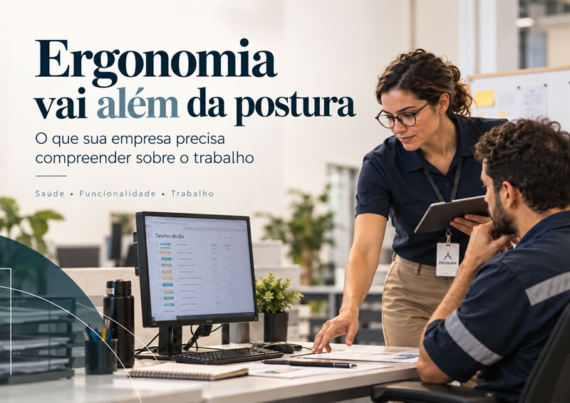 Profissional analisando condições de trabalho com trabalhador em ambiente operacional e posto informatizado, reforçando que ergonomia vai além da postura.